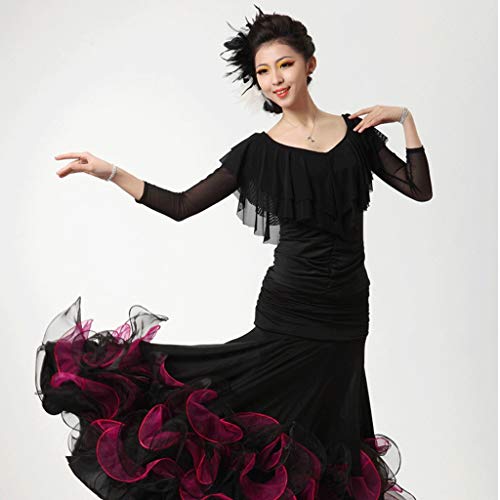 YROYKRRE Traje De Baile Flamenco Vals Parte Superior De La Manga Corta, Ropa De Baile Modernos Vestuario De Ensayo De Baile Latino (Color : Black, Size : XXL)