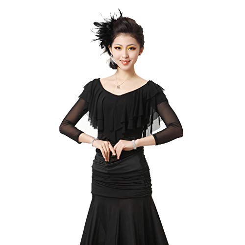 YROYKRRE Traje De Baile Flamenco Vals Parte Superior De La Manga Corta, Ropa De Baile Modernos Vestuario De Ensayo De Baile Latino (Color : Black, Size : XXL)