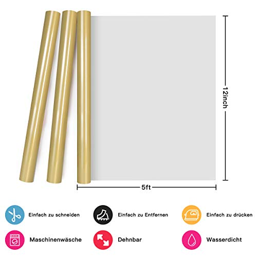 YRYM HT Lámina para plóter textil prémium, 30,5 cm x 152,4 cm, lámina flexible para planchar camisetas y otros tejidos (dorado)