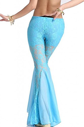 YuanDian Mujer Color Sólido Slim Fit Pierna Ancha Danza de Vientre Pantalon Bordado Perspectiva Oriental Tribal Arabe Belly Dance Trajes Pantalones Azul Claro S