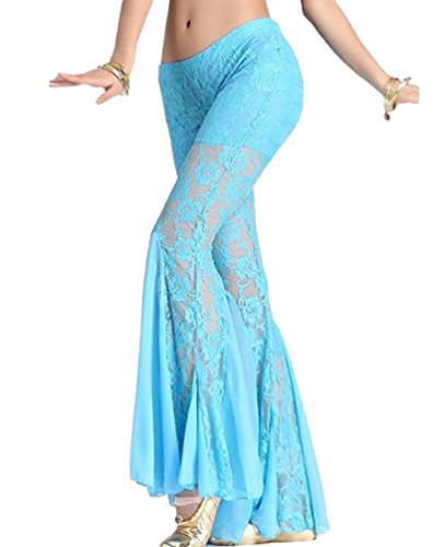 YuanDian Mujer Color Sólido Slim Fit Pierna Ancha Danza de Vientre Pantalon Bordado Perspectiva Oriental Tribal Arabe Belly Dance Trajes Pantalones Azul Claro S