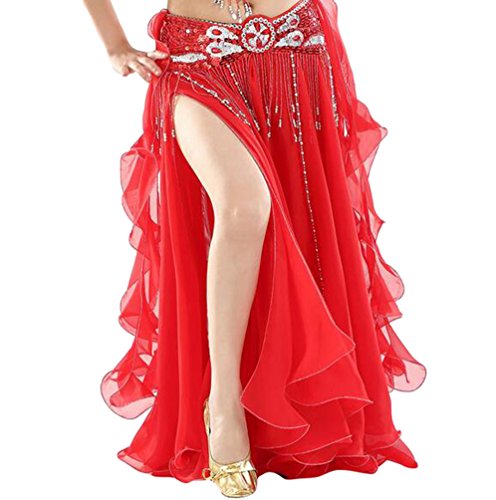 YuanDian Mujer Profesional Color Sólido Gasa Danza Del Vientre Alta Falda de Hendidura Swing Maxi Falda Ropa Danza Moderna Rojo(Sin incluir el cinturón)