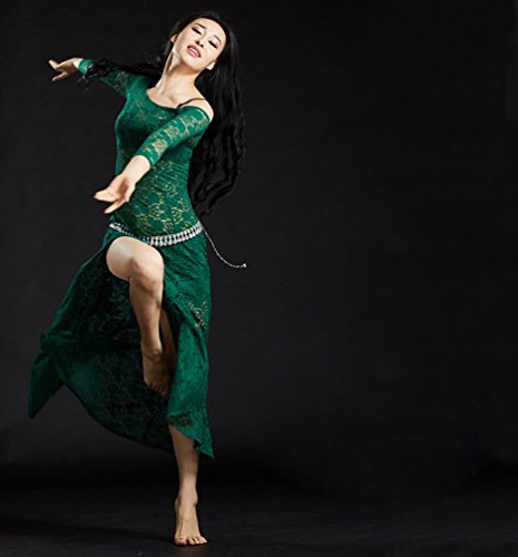 YuanDian Vientre de encaje vestidos de baile de Dividir mangas largas para Mujeres Dark Green One Size