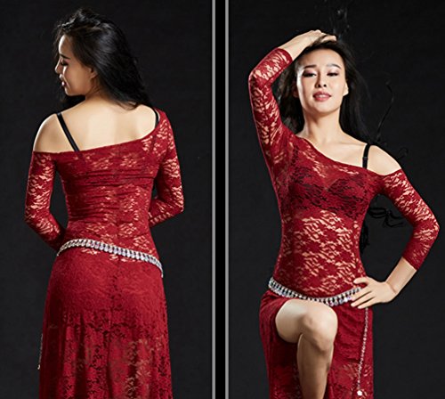 YuanDian Vientre de encaje vestidos de baile de Dividir mangas largas para Mujeres Wine Red One Size