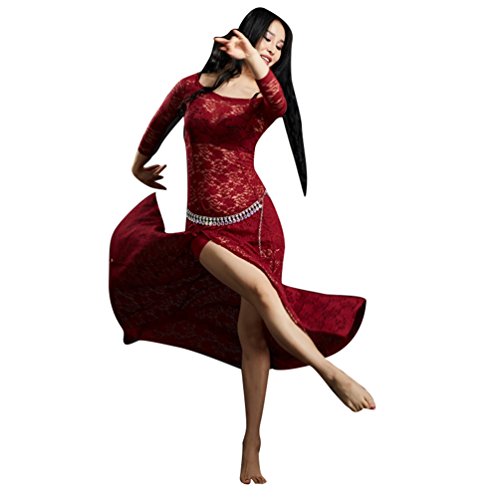 YuanDian Vientre de encaje vestidos de baile de Dividir mangas largas para Mujeres Wine Red One Size