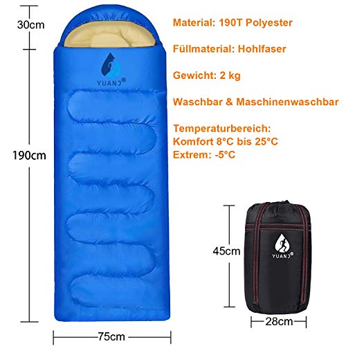Yuanj Saco de dormir para camping, 2 kg, ultraligero, saco de dormir para adultos y niños, impermeable, con cabecero en invierno / 3 – 4 temporadas