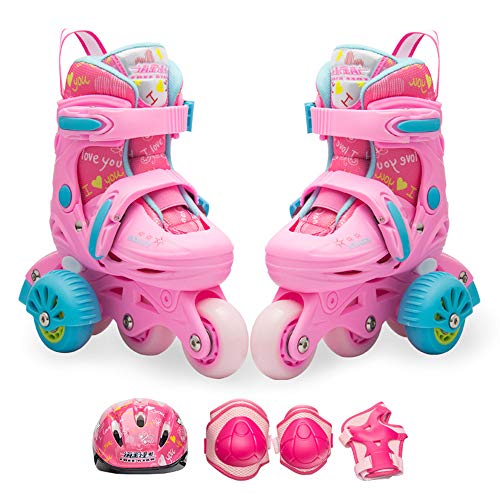 YUANYI Patines Ajustables Niña Principiantes Niños Niñas Flash Ruedas Zapatos De Patinaje Juego 2-10 Años De Edad,Pink-S（25-28）-set2