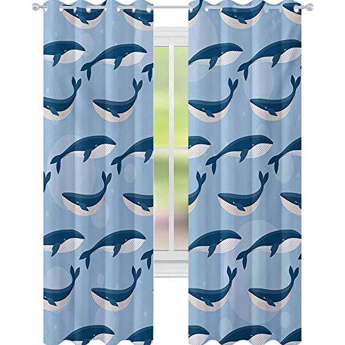 YUAZHOQI - Cortina de ventana opaca con diseño de ballena abstracta, diseño náutico de peces grandes, color azul y blanco