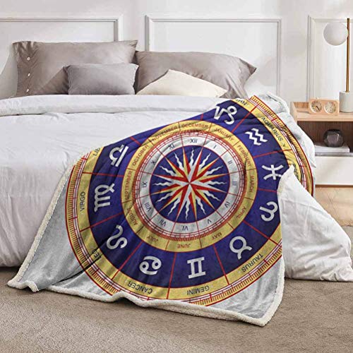 YUAZHOQI Manta de forro polar para astrología, rueda astrológica cáncer Leo Virgo Libra Símbolos Escorpio, manta para dormitorio de 50 x 60 pulgadas, azul marino, blanco y amarillo