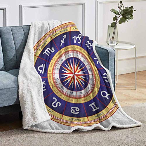 YUAZHOQI Manta de forro polar para astrología, rueda astrológica cáncer Leo Virgo Libra Símbolos Escorpio, manta para dormitorio de 50 x 60 pulgadas, azul marino, blanco y amarillo