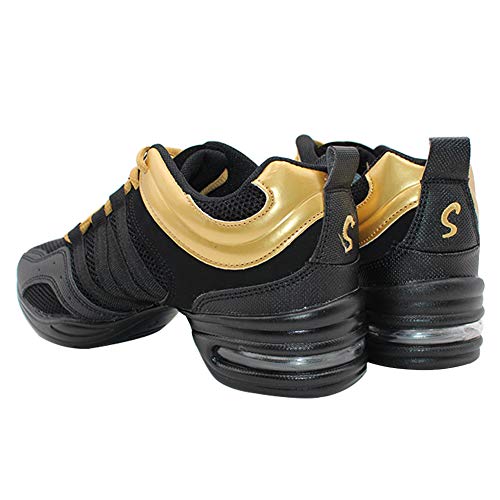 Yudesun Mujer Zapatos Aire Libre Deportes Danza - Mujeres Lona Cordones Suela de Goma Zapatillas Practicidad Running Sneaker Jazz Contemporáneo Baile Informal Oro Negro (Los Zapatos Son más pequeños)