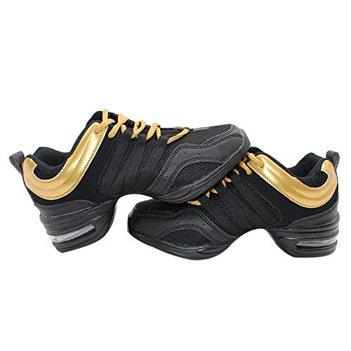 Yudesun Mujer Zapatos Aire Libre Deportes Danza - Mujeres Lona Cordones Suela de Goma Zapatillas Practicidad Running Sneaker Jazz Contemporáneo Baile Informal Oro Negro (Los Zapatos Son más pequeños)