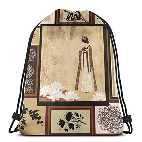 YUDILINSA Mochila con Cordón Mochila Bolsa Bolsa de Gimnasio,Chica Japonesa en Vestimenta Tradicional y Patrones culturales Adornos Antiguos orientales Collage,Bolsa de Kit de Saco de Gimnasia Bolsa