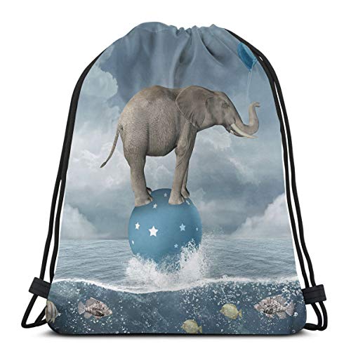 YUDILINSA Mochila con Cordón Mochila Bolsa Bolsa de Gimnasio,Elefante con Globos En El Pez De Mar Fantasía Circo Equilibrio Animal Surrealista,Bolsa de Kit de Saco de Gimnasia Bolsa de Natación para