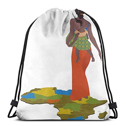 YUDILINSA Mochila con Cordón Mochila Bolsa Bolsa de Gimnasio,Madre con bebé en la Espalda África País Cultura Continente Mapa,Bolsa de Kit de Saco de Gimnasia Bolsa de Natación para Unisex