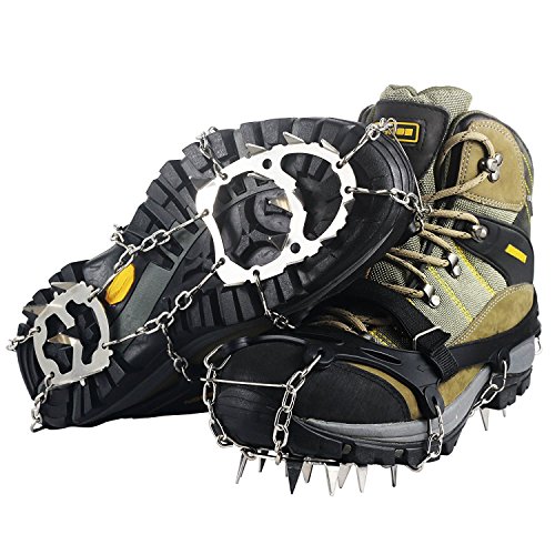 YUEDGE 18 Dientes Garras Acero Inoxidable Cadena crampones Antideslizante Zapatos Cover esquí al Aire Libre Hielo Nieve Senderismo Escalada Tacos de tracción Ice Grippers, Color Negro, tamaño L