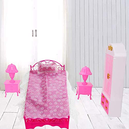 YUIP 6 Unids Muebles de Dormitorio Casa de Muñecas, Muebles de Casa de Muñecas, Incluye 1 Armario, 1 Cama, 1 Almohadas, 1 Sábanas, 2 Lámpara, Accesorios para el Salón de la Casa de Muñecas