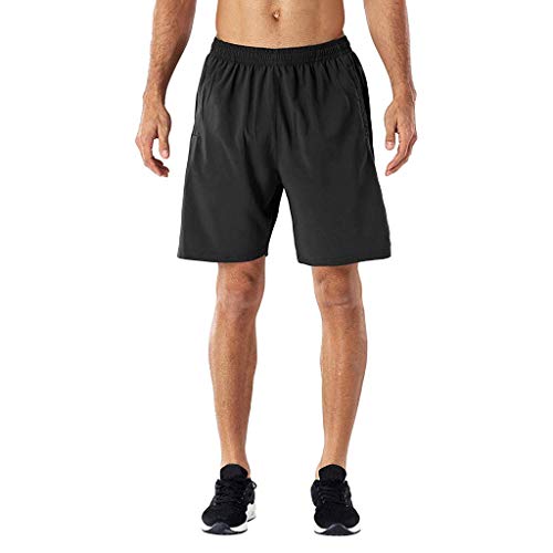 Yvelands-Men Pantalones Cortos de Deporte para Hombre, Pantalones Elásticos con Bolsillos, para Entrenamiento, Fitness, Jogging, Running, Transpirable y Secado Rápido(Negro,L)