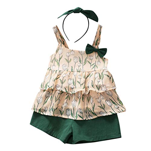 YWLINK 3PC Mezcla De Algodon Ropa De NiñOs Top Camisola Estampado TulipáN Camiseta+Pantalones Cortos De Color SóLido+Banda De Pelo Vestido De Fiesta(Verde,2-3 años/110)