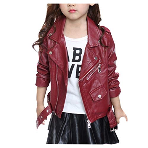 YWLINK Chaqueta De Cuero NiñA Color SóLido Chaqueta De Moto Abrigo con Cremallera Hebilla De CinturóN Abrigo Corto Casual De Moda Regalo De Fiesta De CumpleañOs Navidad Disfraz De NiñA De 3-13 AñOs