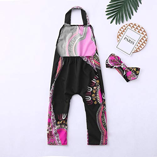 YWLINK Conjuntos NiñA,Mezcla De AlgodóN Posicionamiento De ImpresióN Estilo Nacional Ropa Infantil del Mono del Mameluco del Estampado Africano Sin Mangas+Banda De Pelo(Rosa Caliente,3-4 años/100)