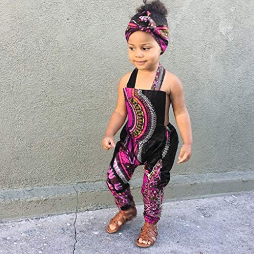 YWLINK Conjuntos NiñA,Mezcla De AlgodóN Posicionamiento De ImpresióN Estilo Nacional Ropa Infantil del Mono del Mameluco del Estampado Africano Sin Mangas+Banda De Pelo(Rosa Caliente,3-4 años/100)