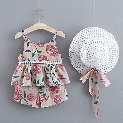 YWLINK Conjuntos NiñA,Top Sin Mangas Manga Corta con Camiseta Volantes Y Estampado Floral+Pantalones Cortos+Sombrero De Paja Conjunto De 3 Piezas Lindo Vestido De Fiesta(Rosado,3-4 años/120cm)