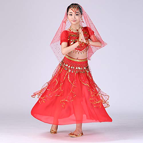 YWLINK Danza del Vientre, NiñAs India Danza del Vientre Danza Egipcia Traje De Rendimiento Conjunto De 2 Piezas Traje De Baile Vestido De Fiesta Bien Parecido(Rojo,4-9 años/S)