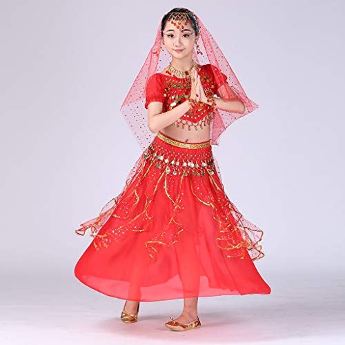 YWLINK Danza del Vientre, NiñAs India Danza del Vientre Danza Egipcia Traje De Rendimiento Conjunto De 2 Piezas Traje De Baile Vestido De Fiesta Bien Parecido(Rosa Caliente,4-9 años/S)