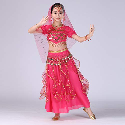 YWLINK Danza del Vientre, NiñAs India Danza del Vientre Danza Egipcia Traje De Rendimiento Conjunto De 2 Piezas Traje De Baile Vestido De Fiesta Bien Parecido(Rosa Caliente,4-9 años/S)