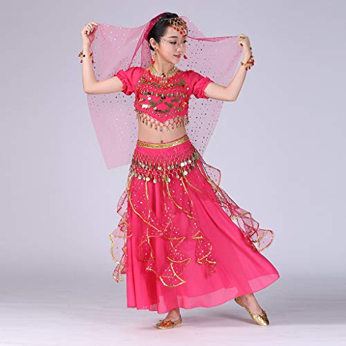 YWLINK Danza del Vientre, NiñAs India Danza del Vientre Danza Egipcia Traje De Rendimiento Conjunto De 2 Piezas Traje De Baile Vestido De Fiesta Bien Parecido(Rosa Caliente,4-9 años/S)