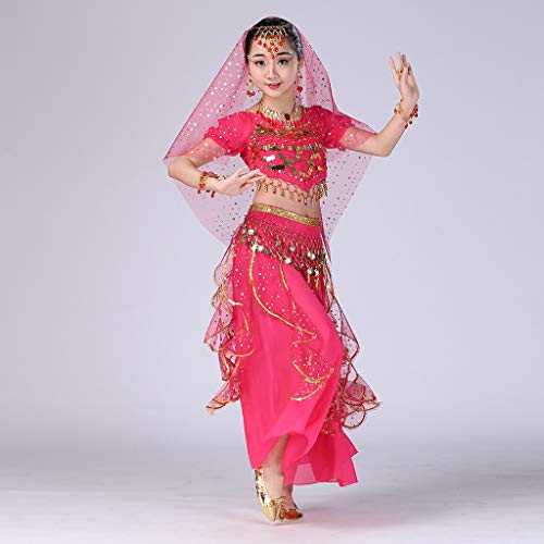 YWLINK Danza del Vientre, NiñAs India Danza del Vientre Danza Egipcia Traje De Rendimiento Conjunto De 2 Piezas Traje De Baile Vestido De Fiesta Bien Parecido(Rosa Caliente,4-9 años/S)