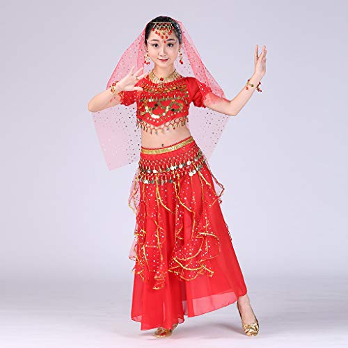 YWLINK Danza del Vientre, NiñAs India Danza del Vientre Danza Egipcia Traje De Rendimiento Conjunto De 2 Piezas Traje De Baile Vestido De Fiesta Bien Parecido(Rojo,4-9 años/S)