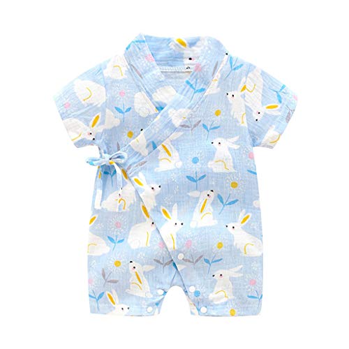 YWLINK ReciéN Nacido NiñO NiñAs Mono Corto De Manga Corta con Estampado De Dibujos Animados Kimono De Gasa Pijama Mameluco Algodon CóModo Bautismo Primer Ropa De Fiesta(Azul Claro,18-24 meses/90)