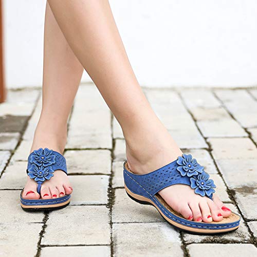 YWLINK Sandalias De CuñA para Mujer Ahuecar Flores Chanclas De Playa Bohemia Verano Sandalias Planas De Gran TamañO Zapatillas Antideslizantes(Azul,40EU)