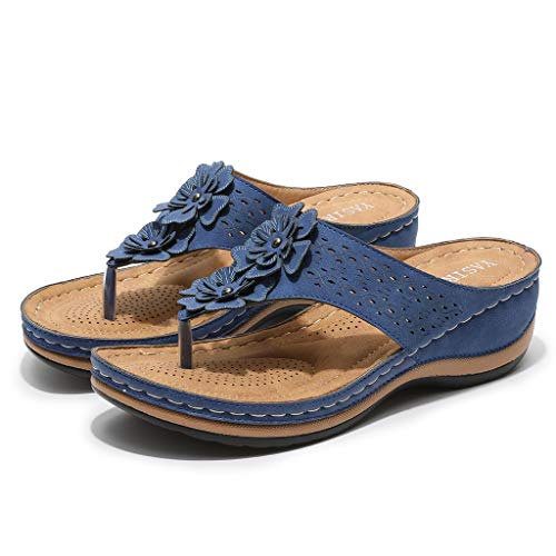 YWLINK Sandalias De CuñA para Mujer Ahuecar Flores Chanclas De Playa Bohemia Verano Sandalias Planas De Gran TamañO Zapatillas Antideslizantes(Azul,40EU)