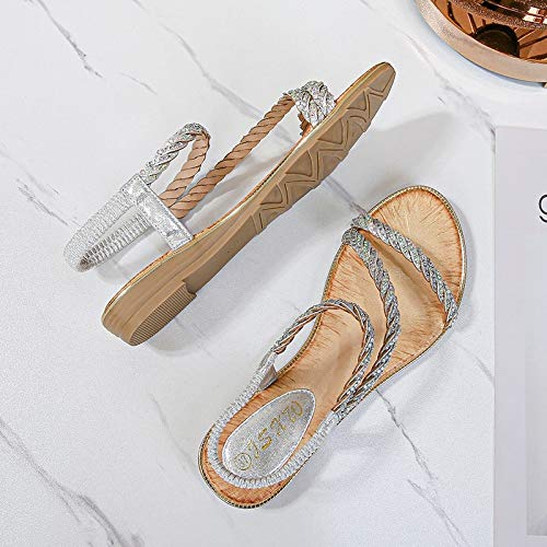 YWLINK Sandalias Planas para Mujer Zapatillas De Playa con Punta Abierta De Diamantes De ImitacióN De Verano Sandalias Casuales De Gran TamañO Antideslizantes(Plata,40EU)