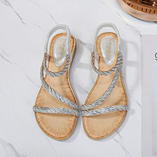 YWLINK Sandalias Planas para Mujer Zapatillas De Playa con Punta Abierta De Diamantes De ImitacióN De Verano Sandalias Casuales De Gran TamañO Antideslizantes(Plata,40EU)