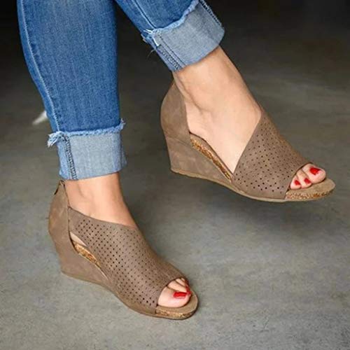 YWLINK Sandalias PU Moda Mujer CuñAs Boca Baja Peep Toe Zapatos Casuales De Playa Sandalias Romanas Fiesta TamañO Grande Zapatillas Al Aire Libre Moda Casual(Caqui,37EU)