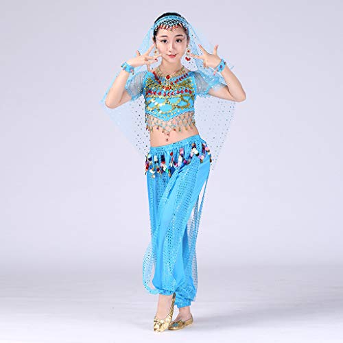 YWLINK Traje De Rendimiento, NiñAs India Danza del Vientre Danza Egipcia Traje Manga Corta Pantalones De Baile Conjunto De 2 Piezas Traje De Baile Vestido De Fiesta(Azul,6-8 años/M)