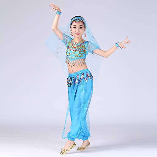 YWLINK Traje De Rendimiento, NiñAs India Danza del Vientre Danza Egipcia Traje Manga Corta Pantalones De Baile Conjunto De 2 Piezas Traje De Baile Vestido De Fiesta(Azul,6-8 años/M)