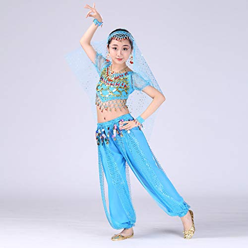 YWLINK Traje De Rendimiento, NiñAs India Danza del Vientre Danza Egipcia Traje Manga Corta Pantalones De Baile Conjunto De 2 Piezas Traje De Baile Vestido De Fiesta(Azul,6-8 años/M)