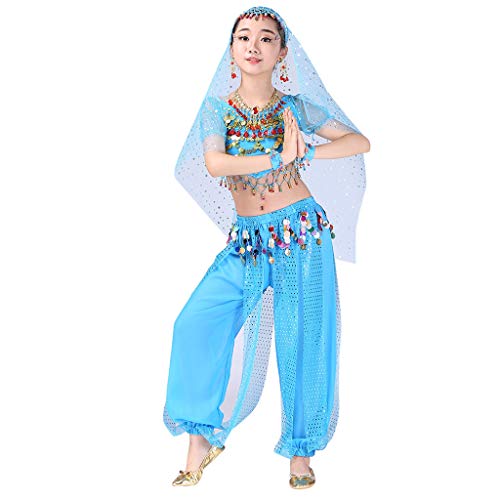 YWLINK Traje De Rendimiento, NiñAs India Danza del Vientre Danza Egipcia Traje Manga Corta Pantalones De Baile Conjunto De 2 Piezas Traje De Baile Vestido De Fiesta(Azul,6-8 años/M)