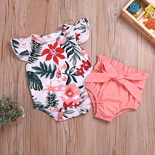 YWLINK Verano Mezcla De Algodon Lindo 2PC Ropa De Bebe Mono Estampado+Short De Arco De Color Liso Traje CóModo Rendimiento Fiesta Regalo(Blanco,12-18 meses/90)