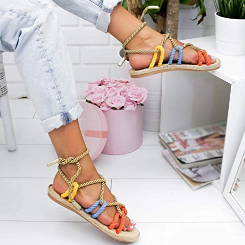 YWLINK Zapatillas De Verano para Mujer Roma Zapatillas De Playa De Encaje Plano De CáñAmo Cuerda Abierta Sandalias De Dedo del Pie Antideslizante CóModo Moda TamañO Grande Zapatos(Multicolor,41EU)