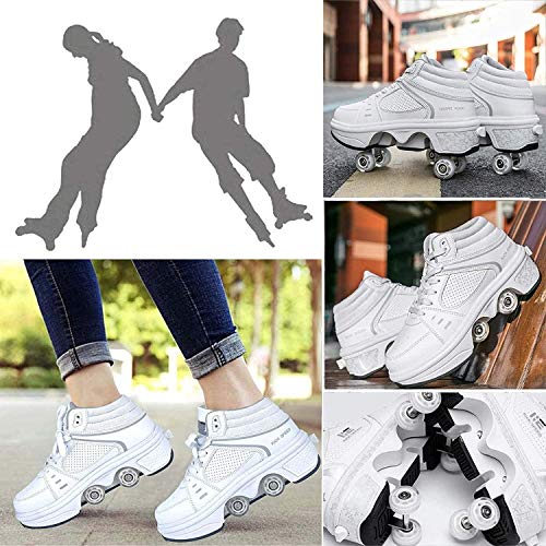 YXIAOL Patines De Ruedas 2 En 1 Patines En Línea Zapatos De Deformación Multifuncionales con Barra De Luz LED Carga USB Cuatro Ruedas Desmontables Viaje Fácil,bianca-EU33/UK 1