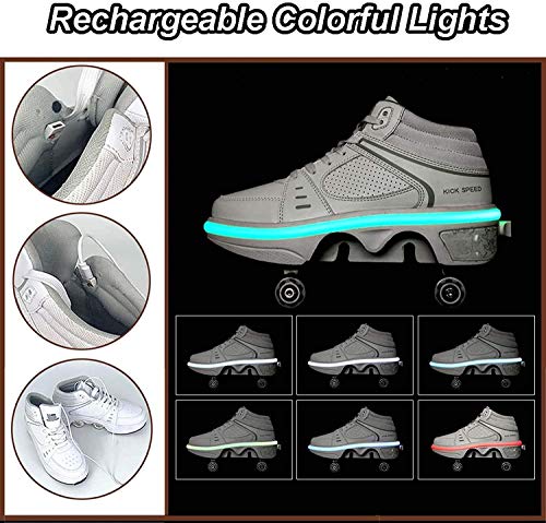 YXIAOL Patines De Ruedas 2 En 1 Patines En Línea Zapatos De Deformación Multifuncionales con Barra De Luz LED Carga USB Cuatro Ruedas Desmontables Viaje Fácil,bianca-EU33/UK 1