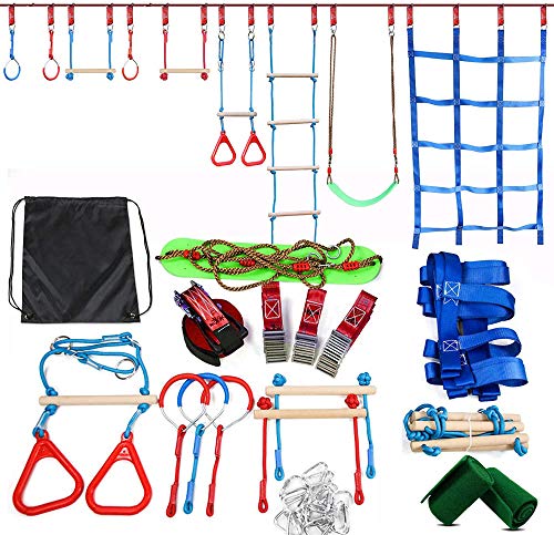 YYXT Ninja Rope Slackline Monkey Bar Kit Juego De Accesorios para Slackline para Niños Equipado con Los Accesorios Más Completos para Niños con Columpios, escaleras de Cuerda y Redes de obstáculos.