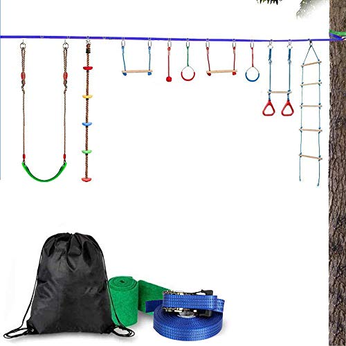 YYXT Ninja Warrior Obstacle Course For Kids-Ninja Slackline 50'-El Kit De Barras De Mono Colgante Más Completo para Niños,con Columpio Trapecio,Cuerda de Escalada y Escalera de Cuerda