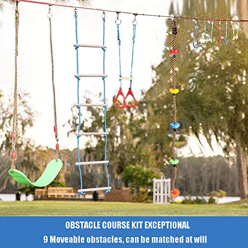 YYXT Ninja Warrior Obstacle Course For Kids-Ninja Slackline 50'-El Kit De Barras De Mono Colgante Más Completo para Niños,con Columpio Trapecio,Cuerda de Escalada y Escalera de Cuerda